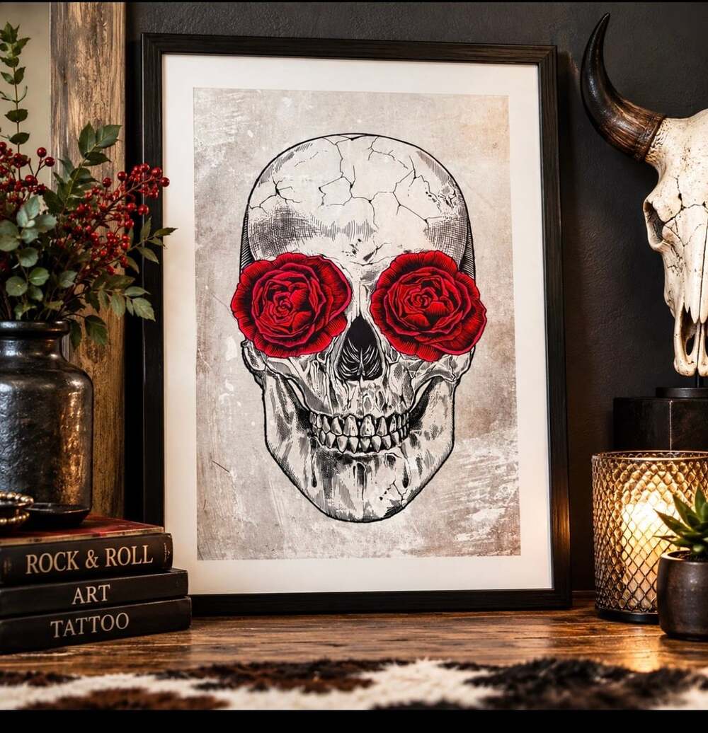 Rachel Caldwell Skull Roses Art Print 13x19 Gothic Floral Skull Red Rose USA